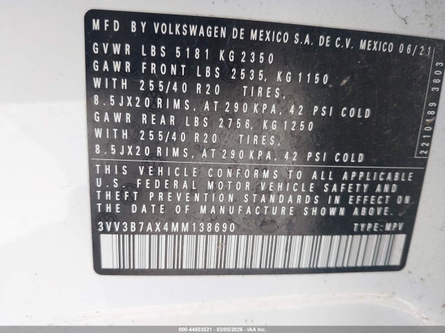 3VV3B7AX4MM138690 Volkswagen Tiguan