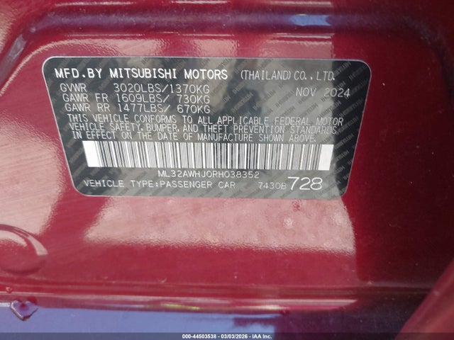 Aukcja sprzedaży 2024 Mitsubishi Mirage Se, vin: ML32AWHJ0RH038352, numer aukcji: 44503538