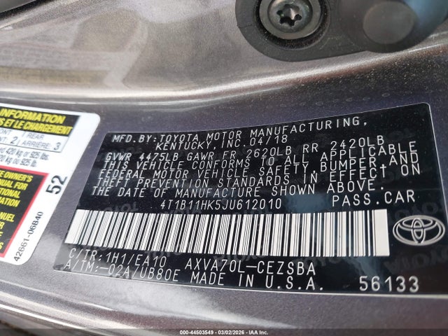 4T1B11HK5JU612010 Toyota CAMRY SE