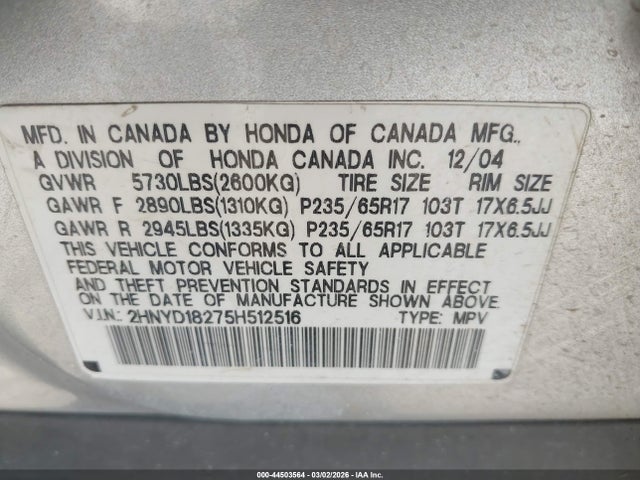 Aukcja sprzedaży 2005 Acura Mdx, vin: 2HNYD18275H512516, numer aukcji: 44503564