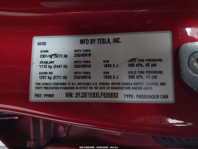 2020 Tesla Model 3 Long Range Dual Motor All-wheel Drive მანქანა იყიდება აუქციონზე, vin: 5YJ3E1EBXLF635893, აუქციონის ნომერი: 44503568