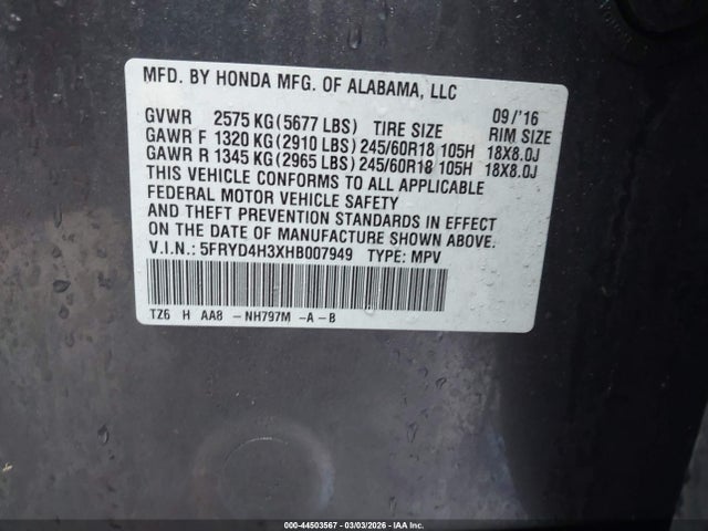 44503567 :رقم المزاد ، 5FRYD4H3XHB007949 vin ، 2017 Acura Mdx مزاد بيع