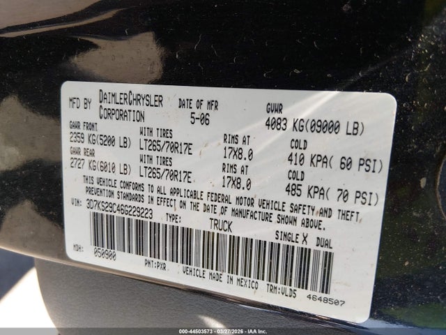Продажа на аукционе авто 2006 Dodge Ram 2500 Laramie, vin: 3D7KS29C46G229223, номер лота: 44503573