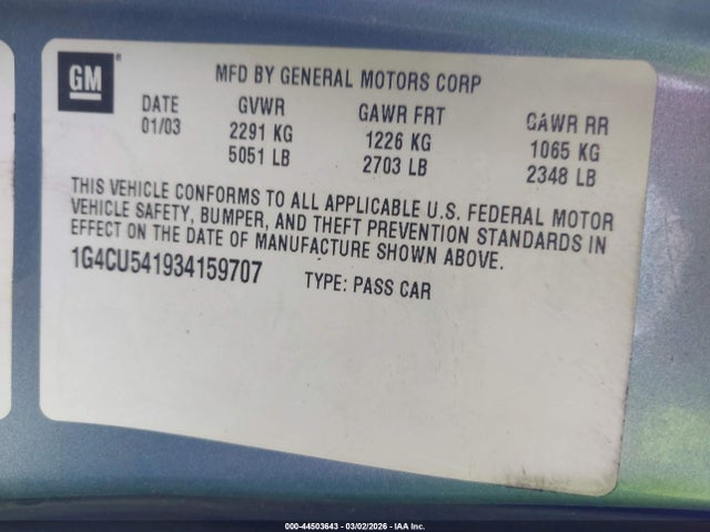 44503643 :رقم المزاد ، 1G4CU541934159707 vin ، 2003 Buick Park Avenue Ultra مزاد بيع