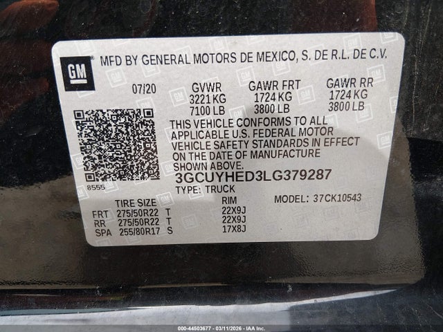 Продаж на аукціоні авто 2020 Chevrolet Silverado 1500 4wd  Short Bed High Country, vin: 3GCUYHED3LG379287, номер лоту: 44503677