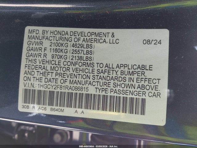 Продаж на аукціоні авто 2024 Honda Accord Hybrid Touring, vin: 1HGCY2F81RA086815, номер лоту: 44503684