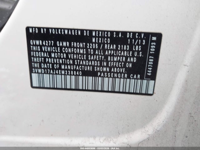 Продаж на аукціоні авто 2014 Volkswagen Jetta 1.8t Se, vin: 3VWD17AJ4EM238840, номер лоту: 44503696