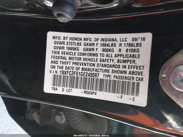 Honda Civic Lx 2016 19XFC2F51GE245097 Image 9