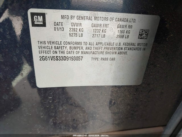 44503745 :رقم المزاد ، 2G61V5S33D9193057 vin ، 2013 Cadillac Xts Platinum مزاد بيع