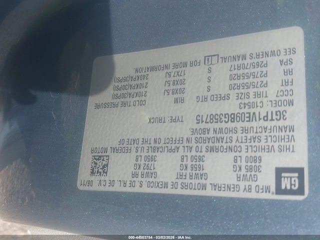 44503754 :رقم المزاد ، 3GTP1VE09BG358715 vin ، 2011 Gmc Sierra 1500 Sle مزاد بيع