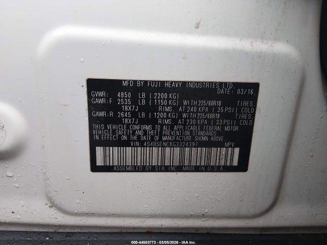 Aukcja sprzedaży 2016 Subaru Outback 3.6r Limited, vin: 4S4BSENC6G3324397, numer aukcji: 44503773