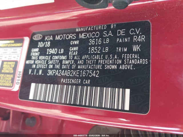 Aukcja sprzedaży 2019 Kia Rio S, vin: 3KPA24AB2KE167542, numer aukcji: 44503778