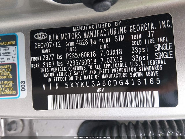 2013 Kia Sorento Ex მანქანა იყიდება აუქციონზე, vin: 5XYKU3A60DG413165, აუქციონის ნომერი: 44503786