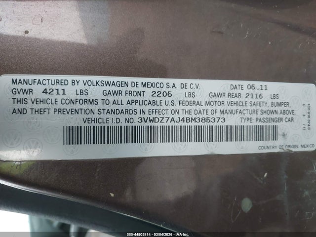 Aukcja sprzedaży 2011 Volkswagen Jetta 2.5l Se, vin: 3VWDZ7AJ4BM385373, numer aukcji: 44503814