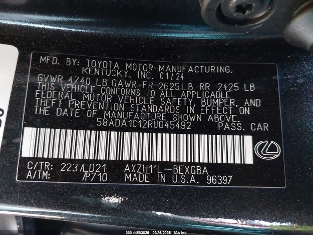 Aukcja sprzedaży 2024 Lexus Es 300h, vin: 58ADA1C12RU045492, numer aukcji: 44503829