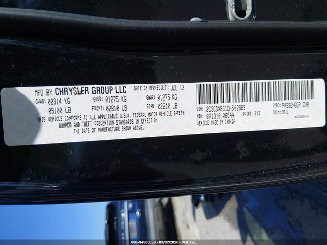 44503838 :رقم المزاد ، 2C3CDXBG1DH502669 vin ، 2013 Dodge Charger Se مزاد بيع