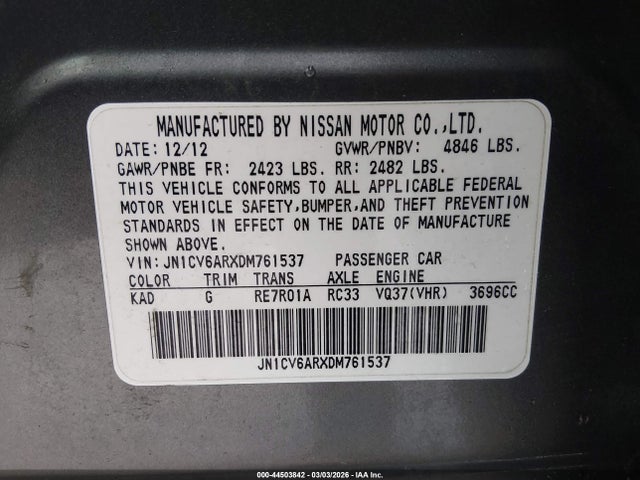 44503842 :رقم المزاد ، JN1CV6ARXDM761537 vin ، 2013 Infiniti G37x مزاد بيع