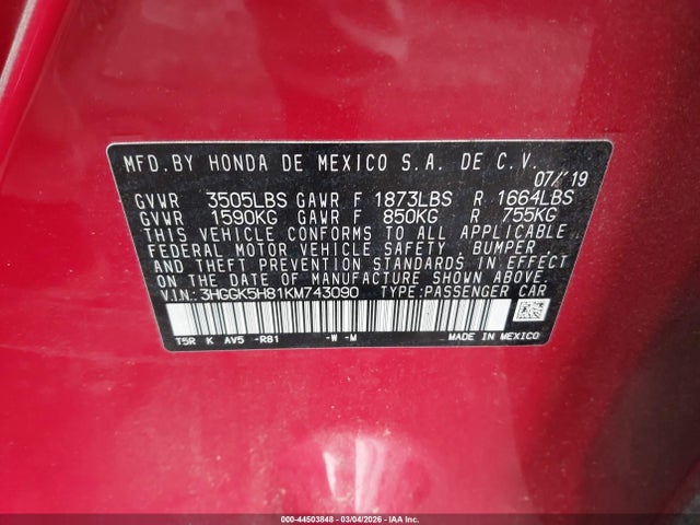 3HGGK5H81KM743090 Honda FIT EX