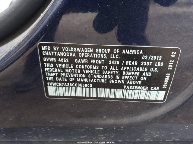 2012 Volkswagen Passat 2.0l Tdi Sel Premium მანქანა იყიდება აუქციონზე, vin: 1VWCN7A36CC055603, აუქციონის ნომერი: 44503881