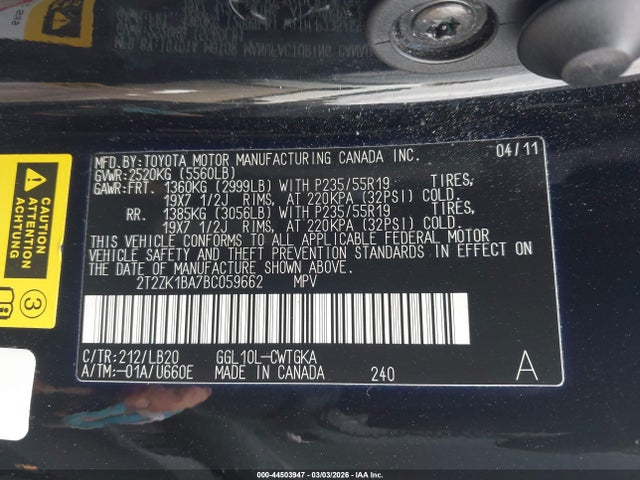 2011 Lexus Rx 350 მანქანა იყიდება აუქციონზე, vin: 2T2ZK1BA7BC059662, აუქციონის ნომერი: 44503947