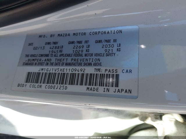 Aukcja sprzedaży 2014 Mazda Mazda6 I Touring, vin: JM1GJ1V5XE1109492, numer aukcji: 44503961