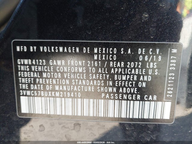 2019 Volkswagen Jetta 1.4t R-line/1.4t S/1.4t Se მანქანა იყიდება აუქციონზე, vin: 3VWC57BUXKM219410, აუქციონის ნომერი: 44503968