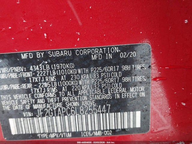 Продаж на аукціоні авто 2020 Subaru Crosstrek Premium, vin: JF2GTAPC6L8255447, номер лоту: 44504005