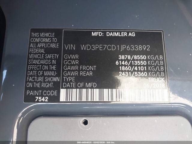 WD3PE7CD1JP633892 Mercedes-Benz Sprinter 2500 Standard Roof V6