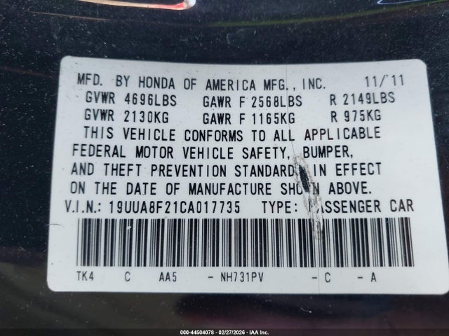 44504078 :رقم المزاد ، 19UUA8F21CA017735 vin ، 2012 Acura Tl 3.5 مزاد بيع
