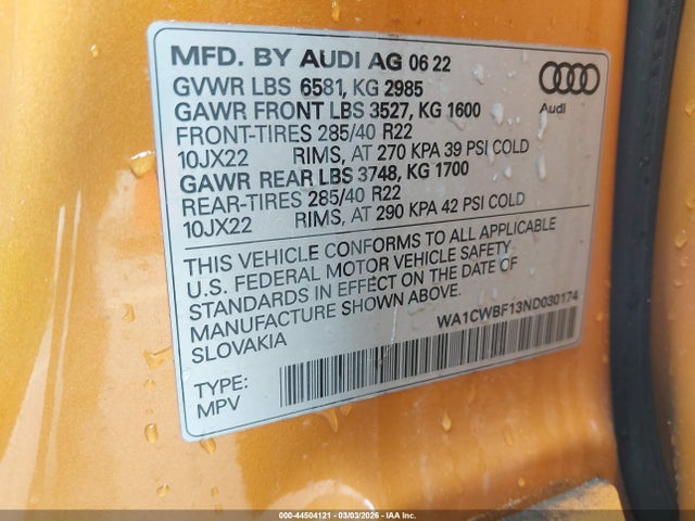 Продаж на аукціоні авто 2022 Audi Sq8 Prestige Tfsi Quattro Tiptronic, vin: WA1CWBF13ND030174, номер лоту: 44504121