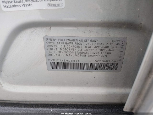 Продаж на аукціоні авто 2010 Volkswagen Passat Komfort, vin: WVWJK7AN6AE058569, номер лоту: 44504127