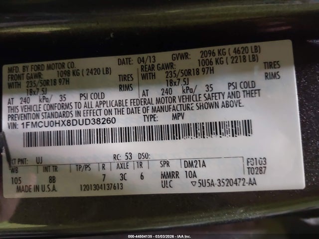 44504135 :رقم المزاد ، 1FMCU0HX8DUD38260 vin ، 2013 Ford Escape Sel مزاد بيع