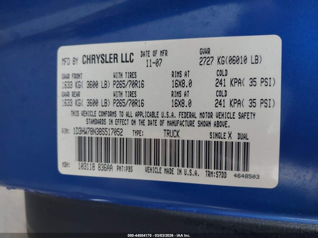 Продажа на аукционе авто 2008 Dodge Dakota Trx, vin: 1D3HW78N38S517052, номер лота: 44504170