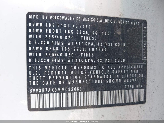 Продаж на аукціоні авто 2021 Volkswagen Tiguan 2.0t Se/2.0t Se R-line Black/2.0t Sel, vin: 3VV3B7AX9MM092063, номер лоту: 44504172