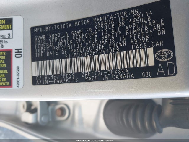 Aukcja sprzedaży 2015 Toyota Corolla S Plus, vin: 2T1BURHE7FC241988, numer aukcji: 44504190