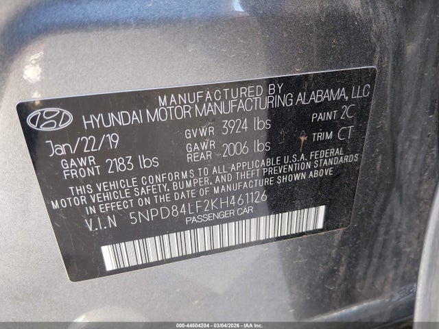 2019 Hyundai Elantra Limited მანქანა იყიდება აუქციონზე, vin: 5NPD84LF2KH461126, აუქციონის ნომერი: 44504204