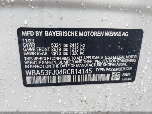2024 Bmw 530i Xdrive მანქანა იყიდება აუქციონზე, vin: WBA53FJ04RCR14145, აუქციონის ნომერი: 44504212