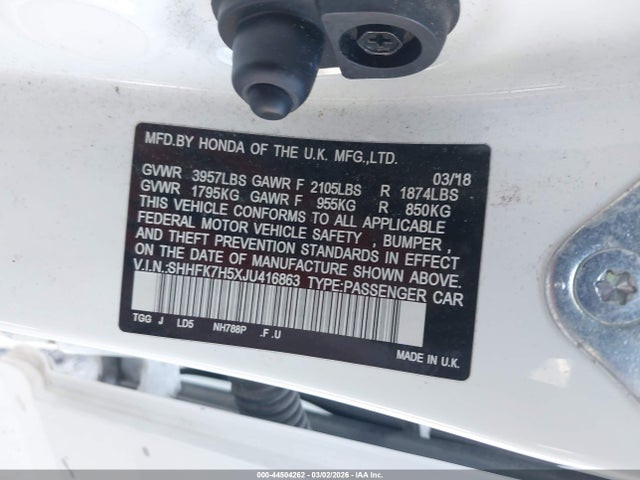 2018 Honda Civic Ex მანქანა იყიდება აუქციონზე, vin: SHHFK7H5XJU416863, აუქციონის ნომერი: 44504262