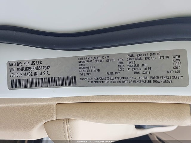 1C4RJKBG8N8514942 Jeep Grand Cherokee L Limited 4x4
