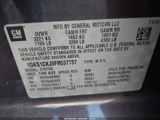 Aukcja sprzedaży 2015 Gmc Yukon Denali, vin: 1GKS1CKJ8FR537737, numer aukcji: 44504299