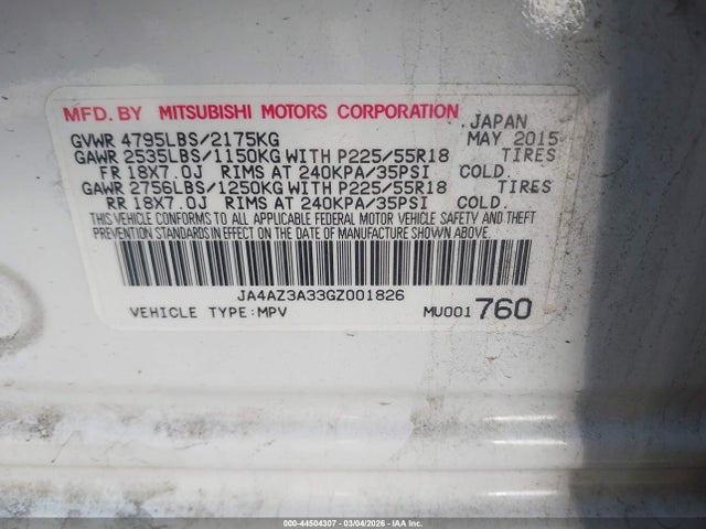 Aukcja sprzedaży 2016 Mitsubishi Outlander Es/se/sel, vin: JA4AZ3A33GZ001826, numer aukcji: 44504307