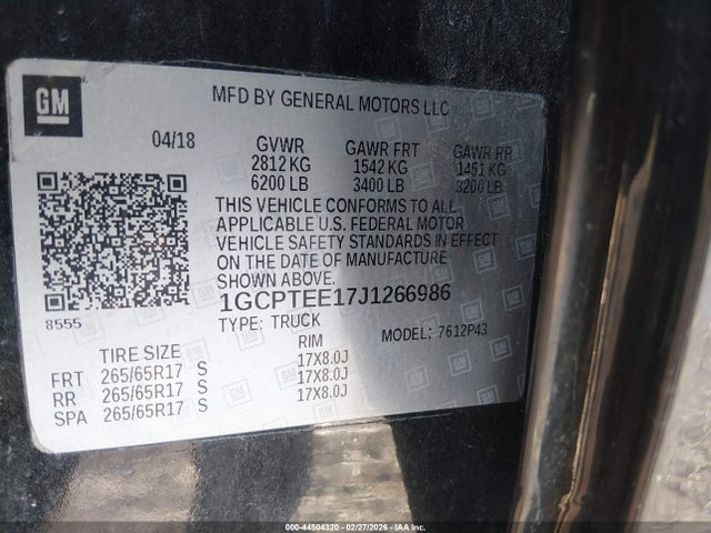 Aukcja sprzedaży 2018 Chevrolet Colorado Zr2, vin: 1GCPTEE17J1266986, numer aukcji: 44504320