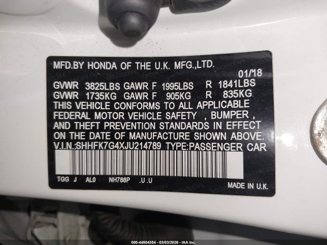 Aukcja sprzedaży 2018 Honda Civic Sport, vin: SHHFK7G4XJU214789, numer aukcji: 44504354