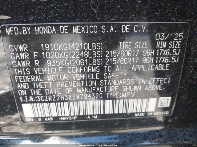 2025 Honda Hr-v Awd Lx მანქანა იყიდება აუქციონზე, vin: 3CZRZ2H3XSM784320, აუქციონის ნომერი: 44504358