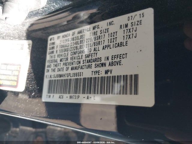 Honda Cr-v Ex-l 2015 5J6RM4H75FL099551 Image 9