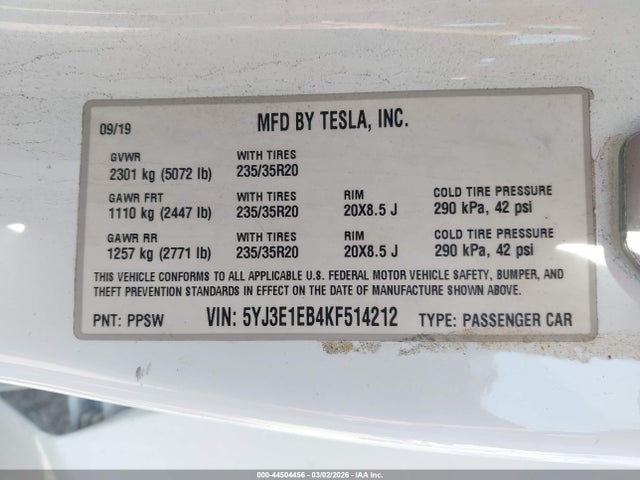 Продаж на аукціоні авто 2019 Tesla Model 3 Long Range/performance, vin: 5YJ3E1EB4KF514212, номер лоту: 44504456