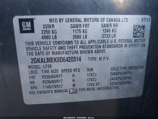 Продаж на аукціоні авто 2013 Gmc Terrain Sle-1, vin: 2GKALMEK8D6420314, номер лоту: 44504479