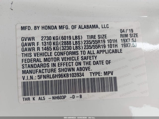 2019 HONDA ODYSSEY 5FNRL6H96KB103934 Photo 8