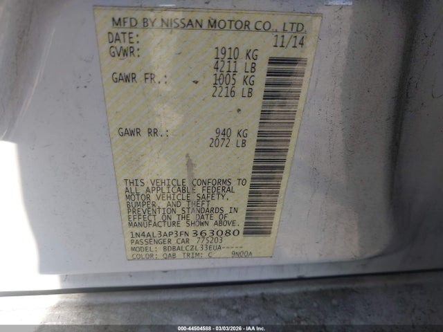 1N4AL3AP3FN363080 Nissan Altima 2.5/2.5 S/2.5 Sl/2.5 Sv