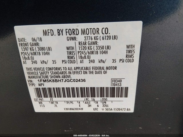 1FM5K8BH7JGC02436 Ford Explorer